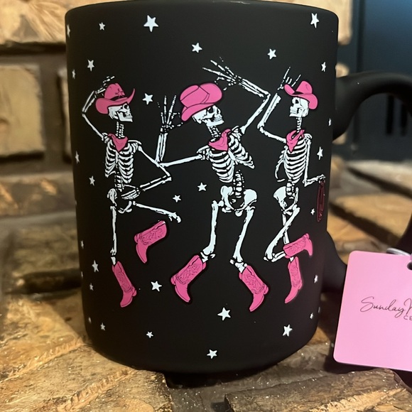 3/$25 Sunday Morning Ceramic “Lets Go Ghouls” Black & Pink Cowgirl Skeletons Mug - Picture 2 of 6